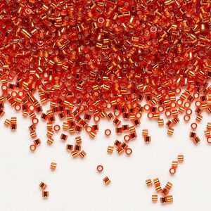 Seed bead, Delica®, glass, pkg/7.5g, #15 round, transparent silver-lined flame red (DBS-0043).