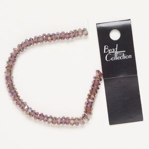 Bead, glass, pkg/7 inches, 6x3mm faceted rondelle, translucent amethyst AB.
