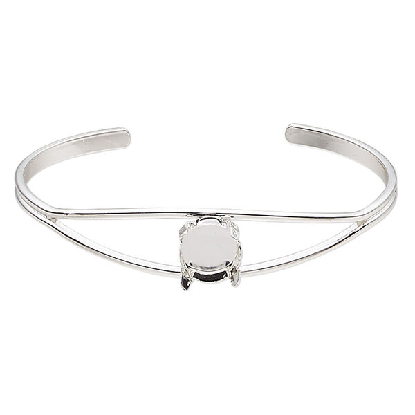 Bracelet, cuff, silver-finished brass, 12mm wide with SS47 4-prong rivoli setting, 7 inches. Sold individually. image number 0