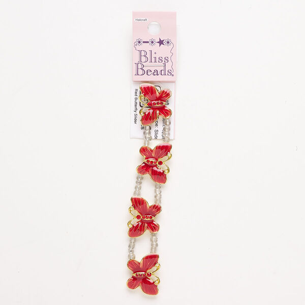 Bead spacer 1pkg4 brass / enamel 25x20mm 2-strand butterfly fits up to 13.5mm beads, gold finish / red image number 0