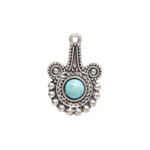 Drop, antique silver-finished "pewter" (zinc-based alloy) and "turquoise" (resin) (imitation), turquoise blue, 22x16.5mm single-sided fancy round. Sold per pkg of 4. image number 0