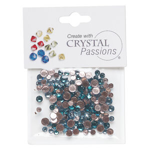 Flat back mix 1pkg144 blue zircon and aquamarine, Crystal Passions&reg; rhinestone 3.0-4.8mm hotfix round SS12 / SS16 / SS20