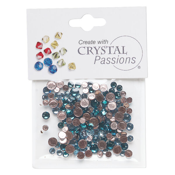 Flat back mix 1pkg144 blue zircon and aquamarine, Crystal Passions&reg; rhinestone 3.0-4.8mm hotfix round SS12 / SS16 / SS20 image number 0