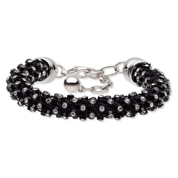 Bracelet, glass rhinestone / acrylic / nylon / silver-coated plastic / silver-finished steel, black and clear, 12mm wide, 7 inches with 2-1/2 inch extender chain and lobster claw clasp. Sold individually. image number 0