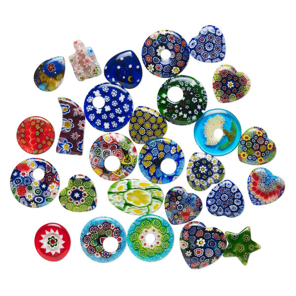 Focal and component mix, millefiori glass, translucent multicolored, 12-30mm mixed shapes. Sold per 2-ounce pkg, approximately 25 components. image number 0