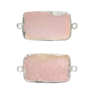 Link, druzy agate (dyed) and sterling silver, pink, 22x13mm single-sided rectangle. Sold per pkg of 2.