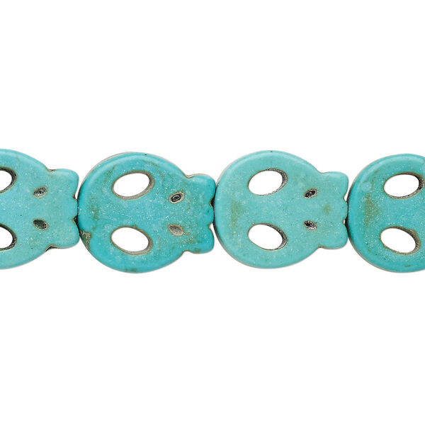Bead, "turquoise" (resin) (imitation), light teal green, 15x13mm-15x14mm flat skull. Sold per 15-inch strand. image number 0