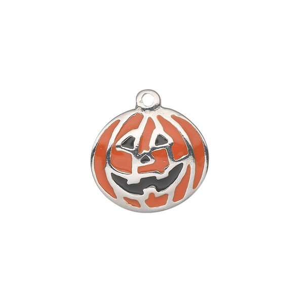 Charm, silver-plated "pewter" (zinc-based alloy) and enamel, orange and black, 17x15mm single-sided pumpkin. Sold individually. image number 0