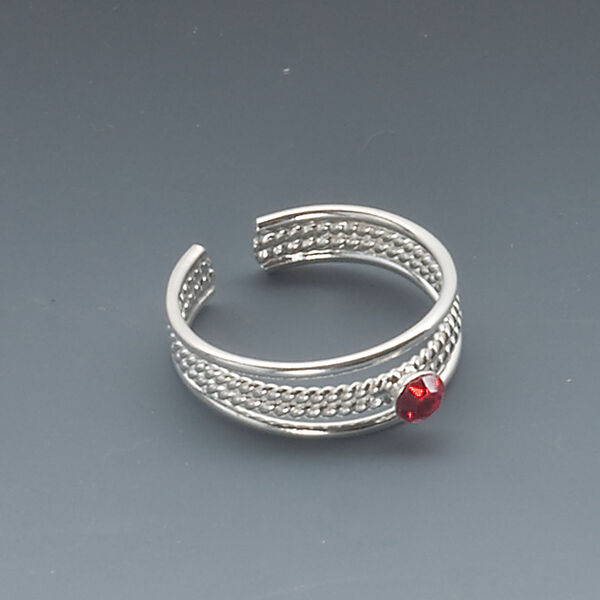 Toe ring, sterling silver and crystal, light Siam, 5mm wide with braided design, adjustable. Sold individually. image number 0