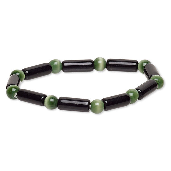 Bracelet, stretch, glass and cat's eye glass, opaque moss green and black, 5-6mm round and 14x5mm-15x6mm round tube, 6-1/2 inches. Sold individually. image number 0