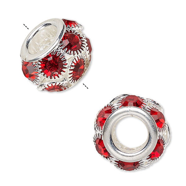 Bead, Egyptian glass rhinestone and silver-plated "pewter" (zinc-based alloy), light Siam, 18x12mm rondelle with 8mm hole. Sold individually. image number 0
