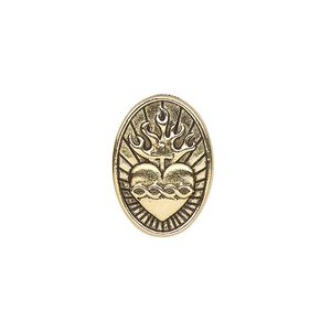Button, TierraCast®, antique gold-plated pewter, 19x13mm oval with sacred heart and closed loop. Sold individually.