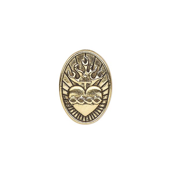 Button, TierraCast®, antique gold-plated pewter, 19x13mm oval with sacred heart and closed loop. Sold individually. image number 0