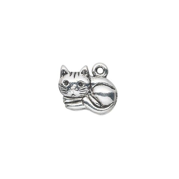 Charm, antique silver-plated "pewter" (zinc-based alloy), 15x12mm single-sided cat. Sold per pkg of 10. image number 0