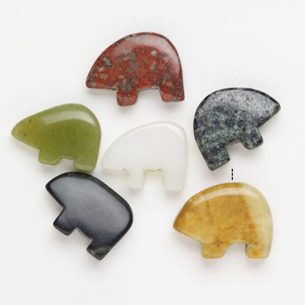 Multi-gemstone 1pkg6, half-drilled puffed / flat zuni-style bear, focal mix 33x24mm-39x26mm image number 1