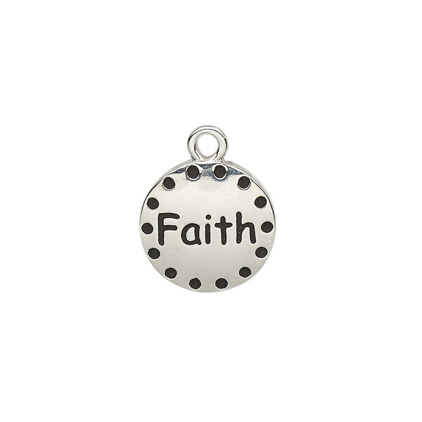 Drop, enamel and imitation rhodium-plated "pewter" (zinc-based alloy), black, 14.5mm single-sided round with "Faith." Sold individually. image number 0