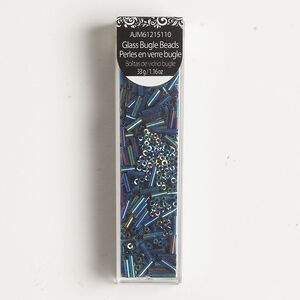 Bugle bead 1pkg1 glass, 7x2mm round tube, 33 gram opaque blue peacock