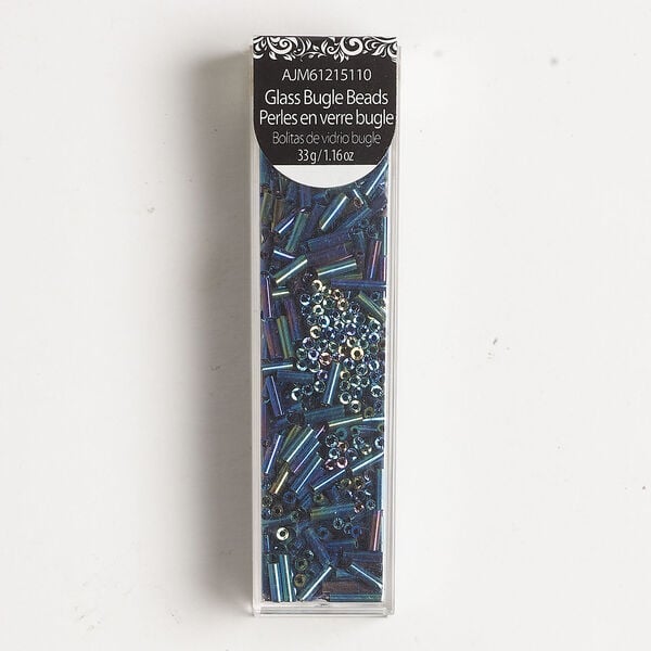 Bugle bead 1pkg1 glass, 7x2mm round tube, 33 gram opaque blue peacock image number 0