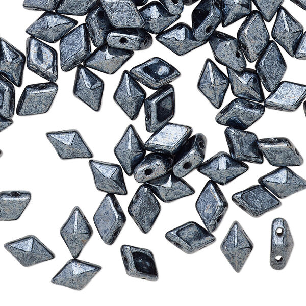 Bead, DiamonDuo™, Czech pressed glass, opaque jet hematite, 8x5mm faceted diamond with flat back and (2) 0.7-0.8mm holes. Sold per 10-gram pkg, approximately 70 beads. image number 0