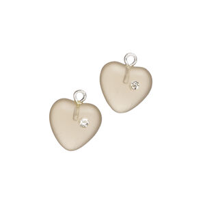 Drop 1pkg2, silver-plated brass / glass / cubic zirconia, translucent brown and clear, 11mm frosted heart.