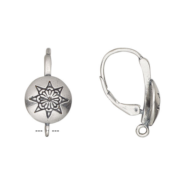 Ear wire, antiqued sterling silver, 22mm leverback with 11mm round and star design with closed loop. Sold per pair. image number 0
