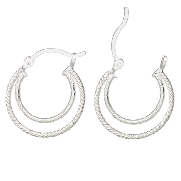 Earring, Create Compliments®, sterling silver, 22.5mm diamond-cut and twisted double hoop with latch-back closure. Sold per pair. image number 0
