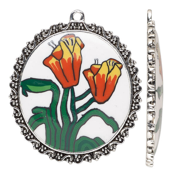 Drop, glazed polymer clay and silver-finished "pewter" (zinc-based alloy), multicolored, 25x23mm single-sided oval with lily design and swirl with beaded edge. Sold per pkg of 2. image number 0