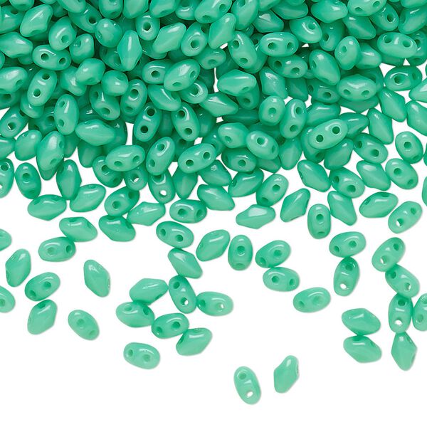 Bead, Preciosa Mini Twin™, Mini Pressed Twin, Czech pressed glass, opaque turquoise green, 4x2.5mm oval with (2) 0.7mm holes. Sold per 10-gram pkg. image number 0