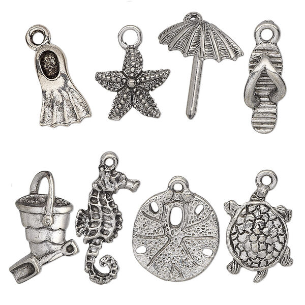 Charm set, antiqued pewter (tin-based alloy), 16.5x5.5mm-25x17mm sand and sea theme. Sold per 8-piece set. image number 0