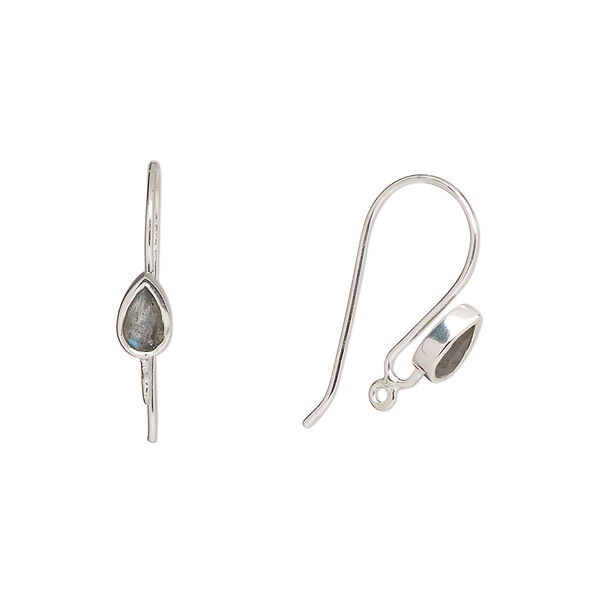 Ear wire, labradorite (natural) and sterling silver, 16mm fishhook with 6x4mm teardrop and closed loop, 22 gauge. Sold per pair. image number 0