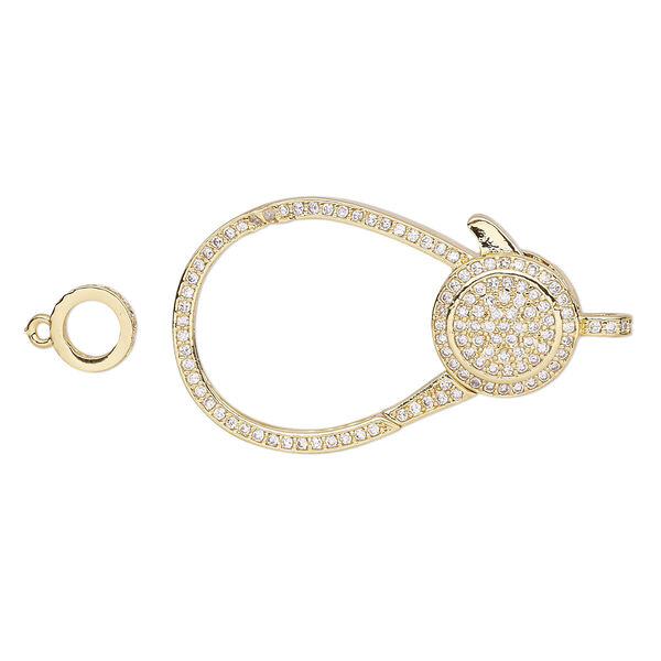 Clasp, lobster claw, cubic zirconia and gold-finished brass, clear, 35x22.5mm double-sided with 7.5mm ring. Sold individually. image number 0