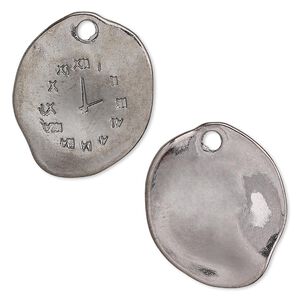 Charm, gunmetal-plated "pewter" (zinc-based alloy), 25x21mm single-sided freeform clock face with Roman numerals. Sold per pkg of 10.