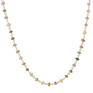 Necklace, multi-tourmaline (natural) and gold-finished sterling silver, 3.5-4mm hand-cut faceted rondelle, 18 inches with S-hook clasp. Sold individually.