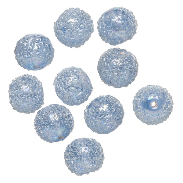 Bead, lampworked glass, translucent aqua blue AB, 12mm textured round. Sold per pkg of 10. image number 0