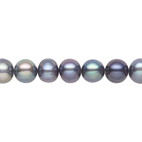 Pearl, cultured freshwater (dyed), blue peacock, 7-8mm semi-round with 0.4-0.6mm hole, D grade, Mohs hardness 2-1/2 to 4. Sold per 15-inch strand. image number 0