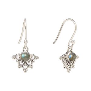 Earring, Create Compliments®, antiqued sterling silver and labradorite (natural), fishhook, 24.5mm with 13x11mm single-sided beaded fancy arrowhead, 21 gauge. Sold per pair.