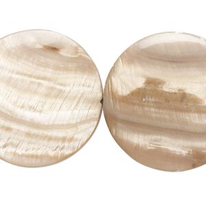 Bead, mother-of-pearl shell (dyed), tan, 30mm flat round with 0.6-1mm hole, Mohs hardness 3-1/2. Sold per 15-inch strand.