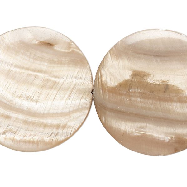 Bead, mother-of-pearl shell (dyed), tan, 30mm flat round with 0.6-1mm hole, Mohs hardness 3-1/2. Sold per 15-inch strand. image number 0