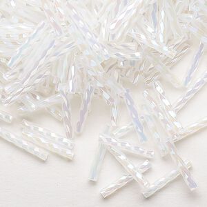Bugle bead, Dyna-Mites™, glass, opaque ceylon rainbow white, 12mm twisted. Sold per 50-gram pkg.