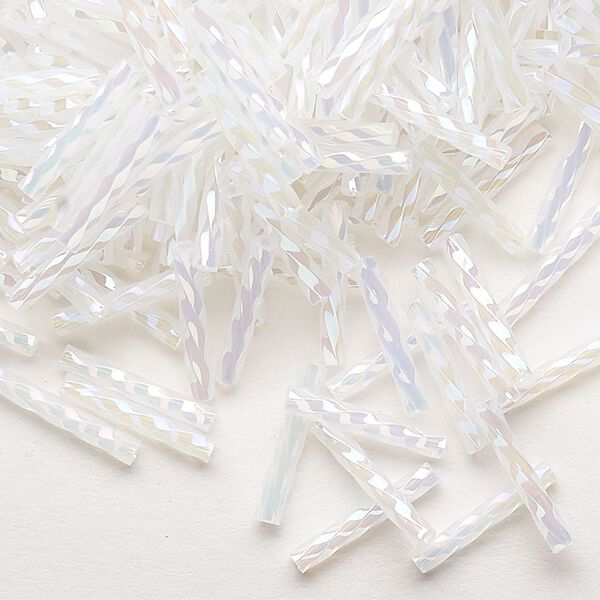 Bugle bead, Dyna-Mites™, glass, opaque ceylon rainbow white, 12mm twisted. Sold per 50-gram pkg. image number 0