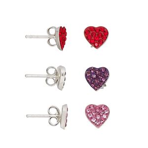 Earstud mix, Create Compliments®, sterling silver / crystal rhinestone / epoxy, red / pink / purple, 7mm heart with post. Sold per pkg of 3 pairs.