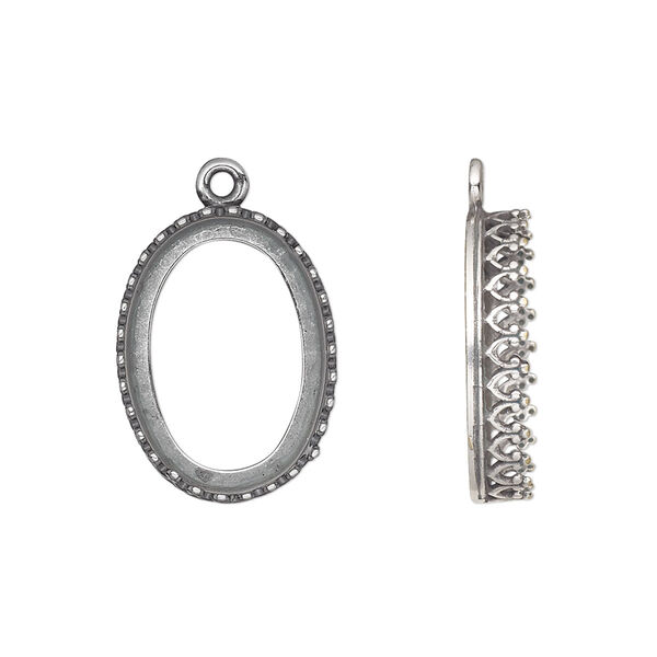 Drop, JBB Findings, antique silver-plated brass, 20x15mm oval with decorative trim, 18x13mm oval bezel setting. Sold per pkg of 2. image number 0