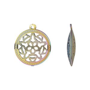 Drop, electro-coated stainless steel, rainbow, 18mm double-sided domed round with textured cut-out star design. Sold per pkg of 6.