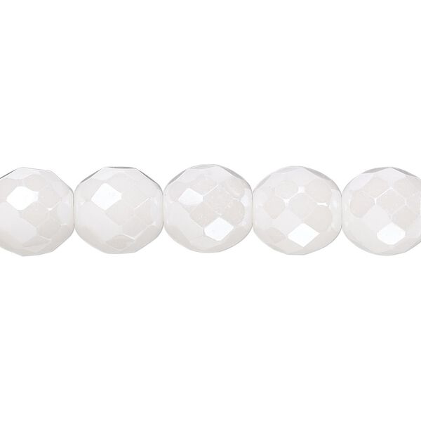 Bead, Czech fire-polished glass, opaque alabaster snow white luster, 10mm faceted round. Sold per 15-1/2" to 16" strand. image number 0