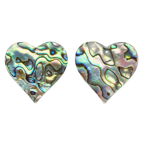 Focal, paua shell (natural), 32mm hand-cut top-drilled single-sided heart, Mohs hardness 3-1/2. Sold per pkg of 2. image number 0