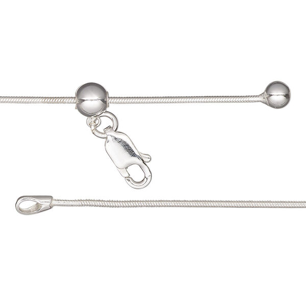 Chain, Gossamer™, sterling silver and silicone, 1mm snake with 4mm ball and 5mm adjustable slider bead, adjustable from 16 to 24 inches with lobster claw clasp. Sold individually. image number 0