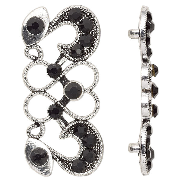 Spacer, antiqued silver-finished "pewter" (zinc-based alloy) and Czech glass rhinestone, black, 40x19mm 2-strand fancy rectangle. Sold per pkg of 4. image number 0