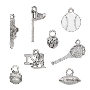 Charm, enamel and antiqued pewter (tin-based alloy), white, 12x2mm-24x14mm sports theme. Sold per 8-piece set.