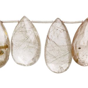 Golden rutilated quartz / red hair quartz 1pkg13, hand-cut top-drilled faceted puffed teardrop bead natural 20x13mm-28x17mm