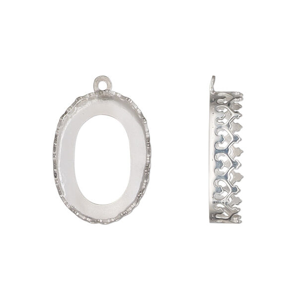 Drop, sterling silver, 19x14.5mm oval with decorative trim and open back with 18x13mm oval cabochon bezel setting. Sold individually. image number 0